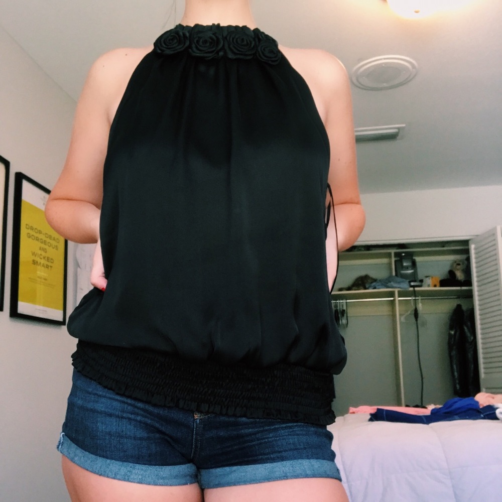 Black shirt with rose neck embellishment💫